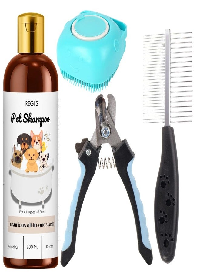 مجموعة ريجيس للعناية بالحيوانات الأليفة مع شامبو، مقص أظافر، فرشاة ومشط تدليك، 200 مل مجموعة غسيل الكلاب المتكاملة (عبوة من 4 قطع) - Image 1